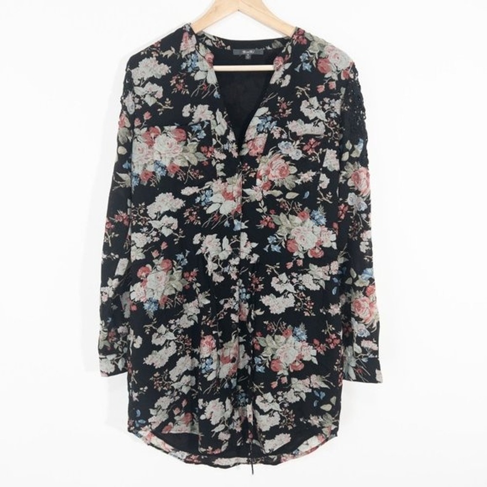 Miss Me Mini Dress Long Sleeve Size M Women Floral Black Top Partial Lace Sleeve